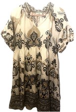 Umgee Boho Paisley Mini Dress Small Oversized Balloon Sleeve Lined Ivory Taupe