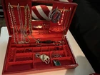 Vintage Red Jewelry Box with Mirror & Costume Jewelry Lot