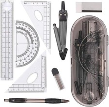 Math Geometry Kit Set 8 Pieces Student Supplies with Shatterproof Storage Box