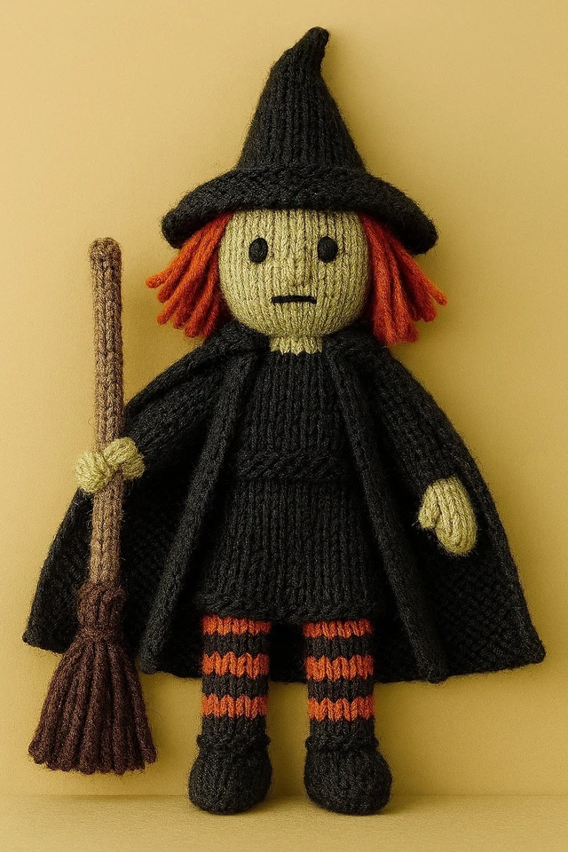KING COLE Knitting Pattern – 25 cm Horror Witch Doll with Hat, Cloak & Broom Halloween