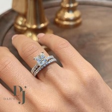 Moissanite Bridal Set Engagement Ring Solid 14K White Gold Princess Cut 3 Carat