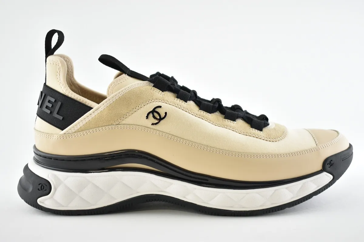 Chanel REV Mens Beige Black White CC Logo Lace Up Low Top Trainer Sneaker  44 11
