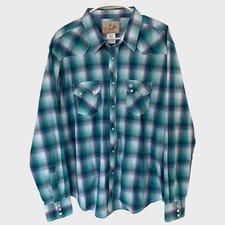 Wrangler Western Pearl Snap Shirt Long Sleeve Turquoise Blue Plaid Mens Size XL