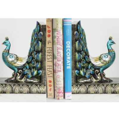 Artistic Peacock Bookends - Handcrafted with High-quality Wood and Resin Set of2