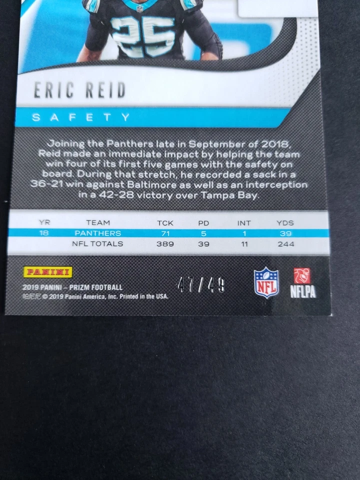 2019 Panini Prizm Purple Power Prizm /49 Eric Reid #180 - Image 4 of 4