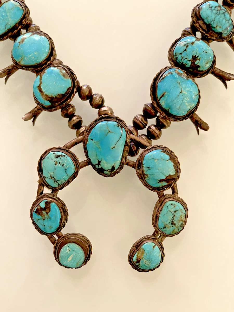 Savvy Collector » Navajo or Zuni #8 Mine Spider Web Squash Blossom Necklace  by Navajo#8 Turquoise