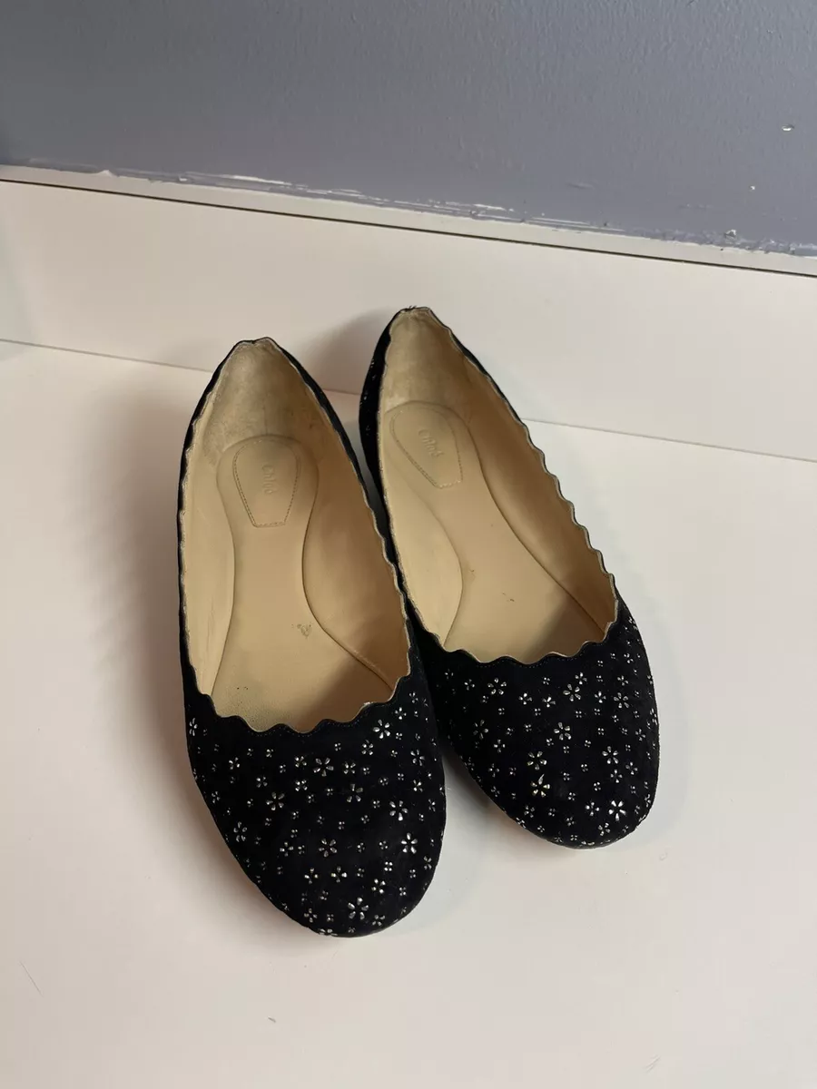 CHLOE Black Suede Scalloped Studded Lauren Ballet Flats Size 38 Italy 595$