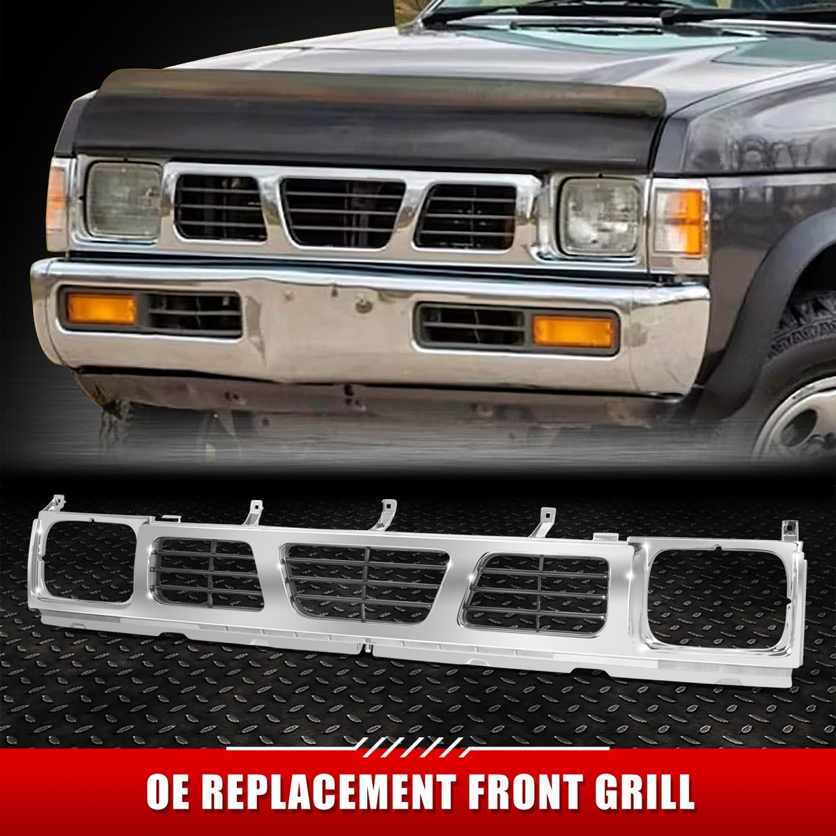 For 93-97 Nissan D21 Pickup OE Style Chrome Gray Front Grille w
