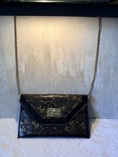 Vintage Black Cutout Paisley Clutch Purse Gold Chain Strap Envelope Evening Bag