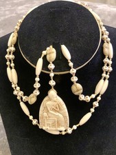 Antique Neiger Brothers Czech Glass Egyptian Revival Scarab/Pharaoh Necklace 21”