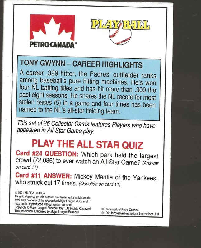 1991 PETRO-CANADA ALL-STAR FANFEST STANDUP TONY GWYNN SAN DEIGO PADRES HOF
