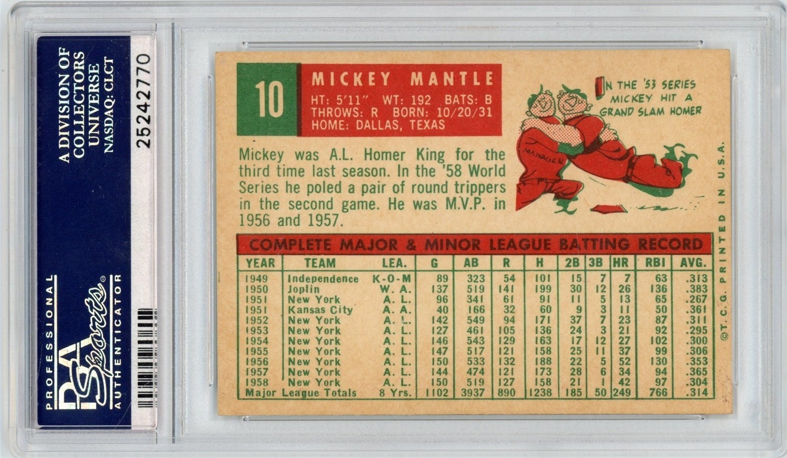 1959 Topps Baseball MICKEY MANTLE #10 Yankees HoF PSA 7 Near Mint TOP SET!   view 2