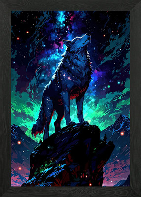 Wolf heult am Sternenhimmel gerahmtes Wandbild Poster Leinwanddruck Bild