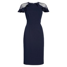 NWT Eliza J Womens Size 8 Navy Blue Sheer Ruffle Shoulder Cocktail Dress NEW