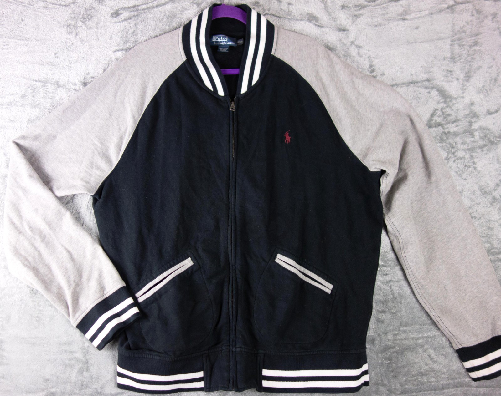 VINTAGE Polo Ralph Lauren Varsity Jacket Mens XXL Black Gray Zip Up Bomber