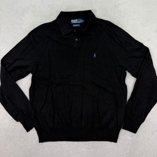 Polo Ralph Lauren Mens Large Black 100 Merino Wool Long Sleeve Polo Sweater