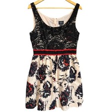 Peter Som x Made in Kind Lace Floral Fit Flare Dress Black White Red Sz 12 Fairy