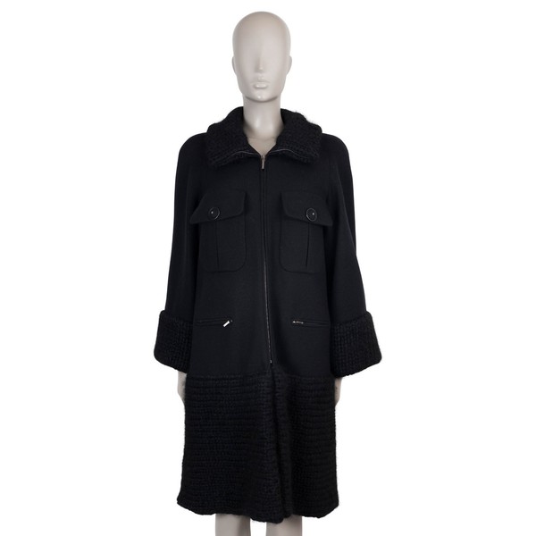 73144 authentisch CHANEL schwarz Wolle 15B STRICK GETÄFELT Mantel Jacke 38 S