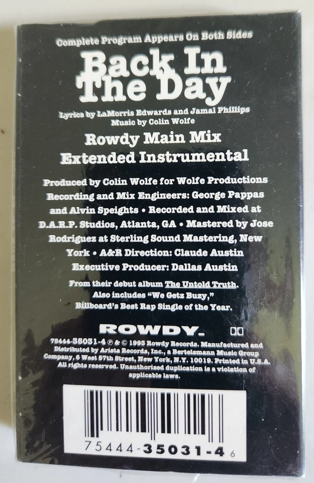 Illegal Back In The Day 1993 Rowdy Cassette Single NIP - Image 2 of 2