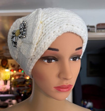 C.C Knit Acrylic Headband Ear Warmer White w/Rhinestones Double Button Closure