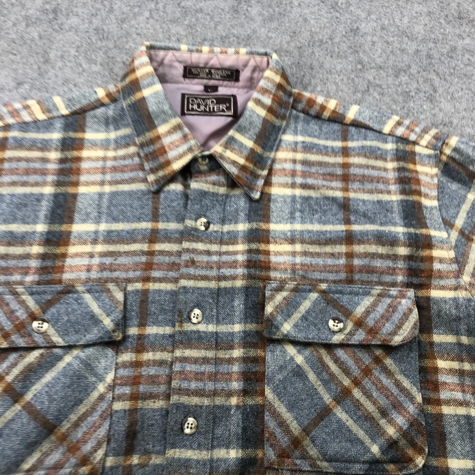 Vintage David Hunter Shirt Mens Large Blue Brown Plaid Wool Button Up Korea 90s - Image 3 of 4