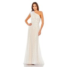 Mac Duggal NWT Asymmetrical One Shoulder Feather Accented Dress in Ivory Size 8 