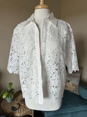 NWT Drole de Copine Paris Floral Guipure Lace Button Front Top L White