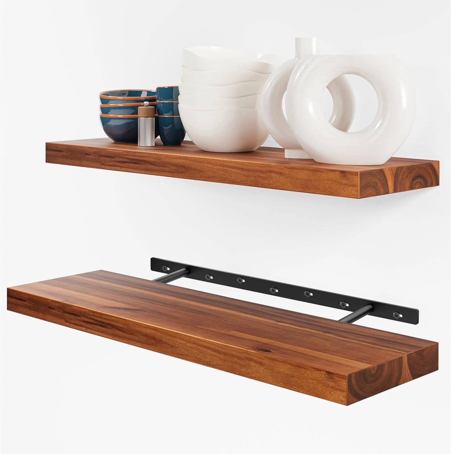 Rustic Acacia Wood Floating Shelves - Set of 2 for Home Décor & Storage