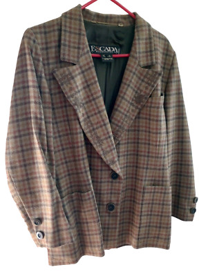 Vintage ESCADA Margarita Ley Olive Plaid Wool  Blazer Jacket 2 Button Size 40