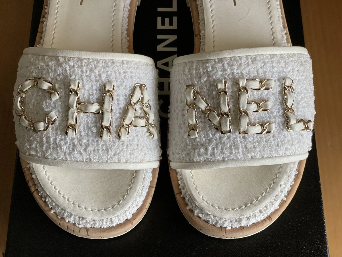 Authentic Chanel 21C White Tweed Chain Logo Mules Sandals Slides