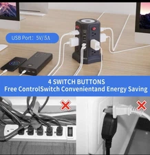 Surge Protector Power Strip Tower with 5 USB Ports and Night Light 10FT Exten...