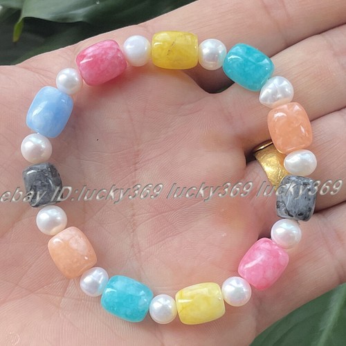 9x11mm Cylinder Aquamarine Jade Gems & White Pearl Stretch Bangle Bracelet 7.5" - Picture 18 of 32