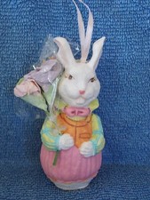 Plastic Easter Bunny Rabbit Holding A Boutique Of Flowers Ornament 4"