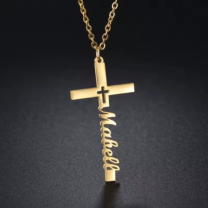 Customized Cross Name Necklace Men Women Pendant Stainless Steel Jewelry Silver - Image 3 of 3