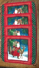 Four Santa Placemats 13” X17” Cloth - Two Santa & Sack - Two Santa & Reindeer