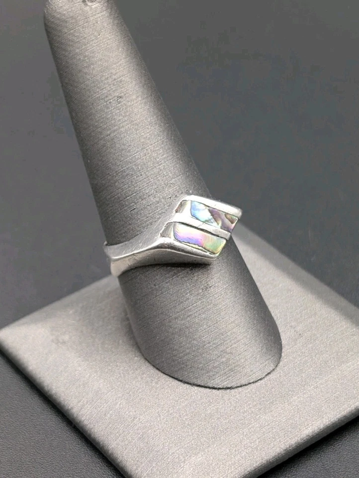 Anillo de colección de plata esterlina México 2 rayas con incrustaciones de abulón forma de diamante 925 para hombre Foto 2 de 4