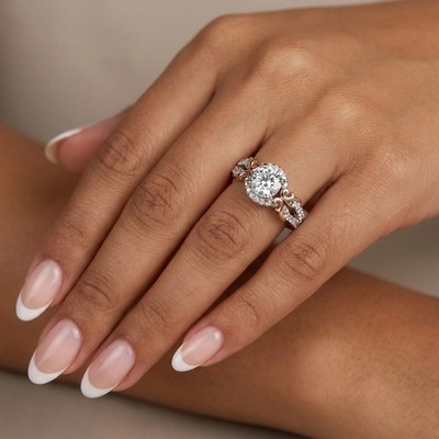 14K Gold Side Stone Engagement Ring Halo 1.63 CT Round Lab-Grown Diamond E SI1