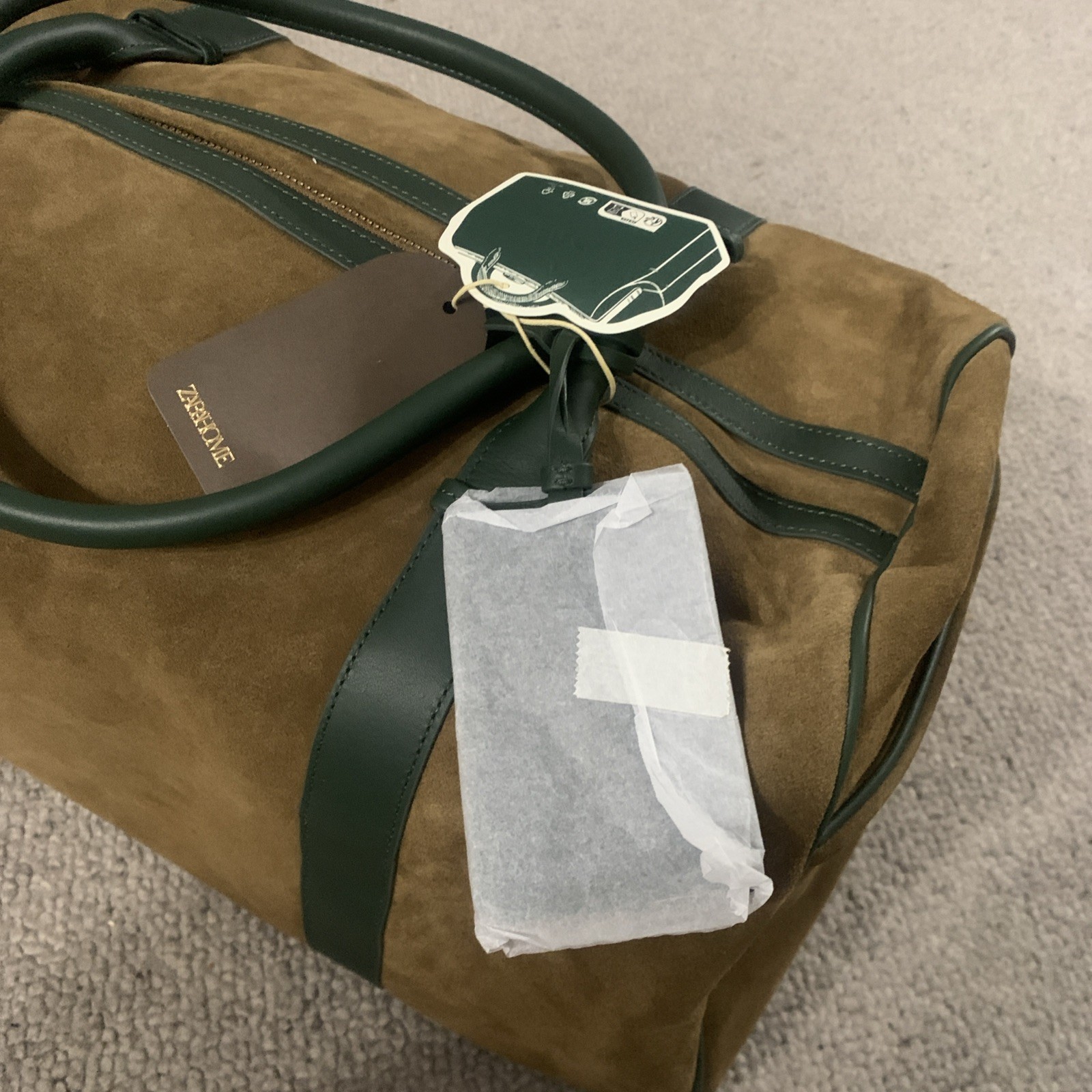 Zara HOME THE TRAVEL COLLECTION SUEDE DUFFLE BAG IN CHESTNUT AND GREEN BNWT image 5