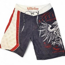 Affliction Men's Board Shorts 32 Gray, Vintage Y2K Goth Graphic Print
