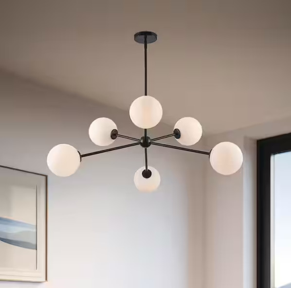 Hampton Bay 39 in. Avaline Black Cluster 6-Pendant Light with Opal Glass Shades