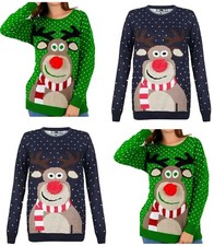 WOMENS MEN RUDOLPH POM 3D REINDEER XMAS CHRISTMAS RETRO JUMPER TOP 8-14