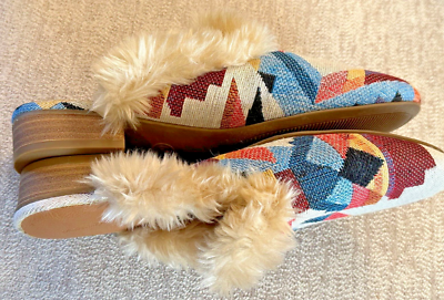 Universal Thread Multicolor Litzy Fur Mules/Slip-on Aztec Pattern