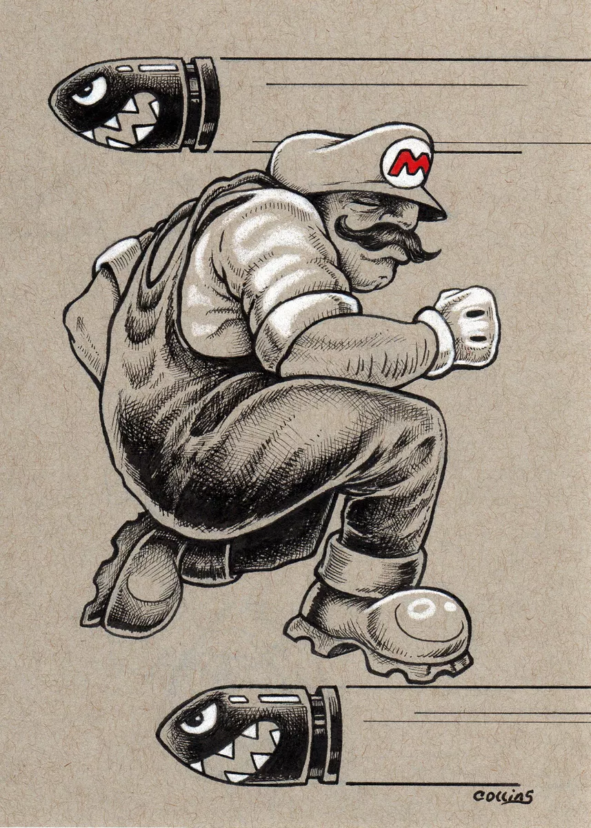 Super Mario Bros Brothers Bullet Bill pop art drawing game Print Nintendo SIGNED