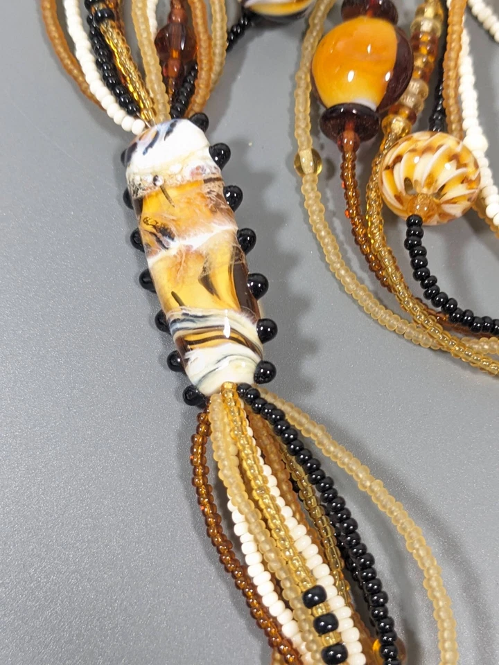 Collar Playa Costero Tribal Ámbar Marrón Negro Vidrio Cuentas Borla 32 pulgadas Foto 4 de 4