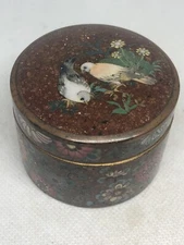 ANTIQUE JAPANESE CLOISONNE ENAMEL TRINKET BOX BIRDS & FLOWERS MEIJI PERIOD