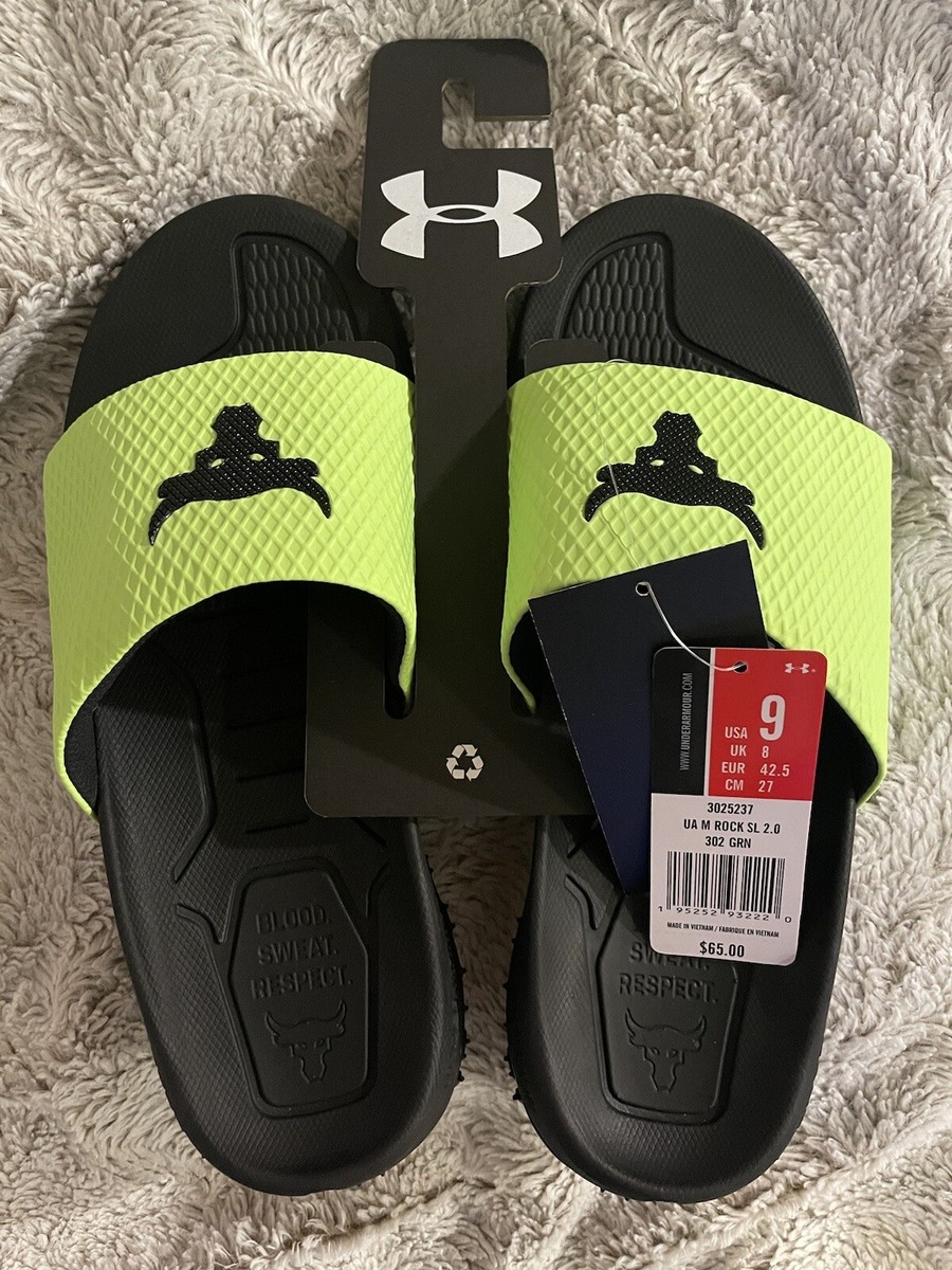 Mens Under Armour Rock 2.0 Slides Sandals 3025237 Lime/Black Size