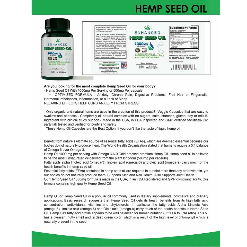Óleo de semente de cânhamo 1000mg ômega 3 suporte para unhas pele articulada 60 cápsulas frete grátis - Imagem 2 de 4