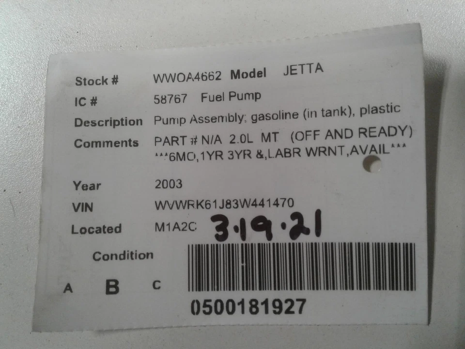 Used Fuel Pump fits: 2003 Volkswagen Jetta Pump Assembly gasoline Grade B Foto 3 de 4