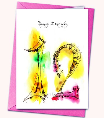 12 Geburtstag, Handarbeit Karte, Aquarell, personalisiert, altersspezifisch, Glitzer