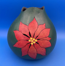 Hand Painted Poinsettia Gourd Signed Christmas Home Decor 7" Vase Style